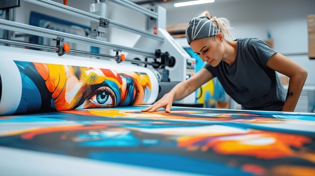 A person working with a large format printer, inspecting vibrant, colorful prints featuring abstract art.