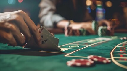 casino, gambling, poker, people and entertainment concept close up of poker player with playing cards and chips at green casino table in casino