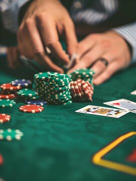 casino, gambling, poker, people and entertainment concept close up of poker player with playing cards and chips at green casino table in casino