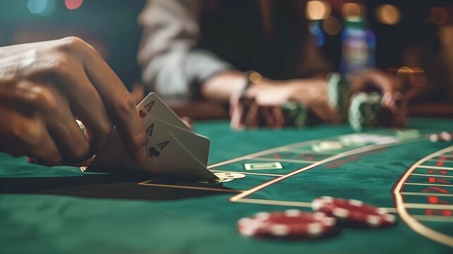 casino, gambling, poker, people and entertainment concept close up of poker player with playing cards and chips at green casino table in casino