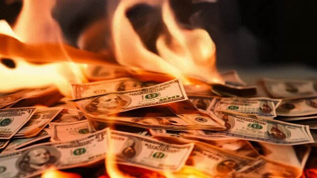 Burning pile of hundred dollar bills engulfed in flames