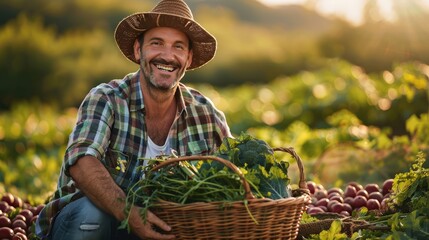 Farmer in a field with a basket of organic vegetables, highlighting sustainable agriculture practices