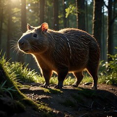 Capybara in the garden exposed to sunlight in the morning