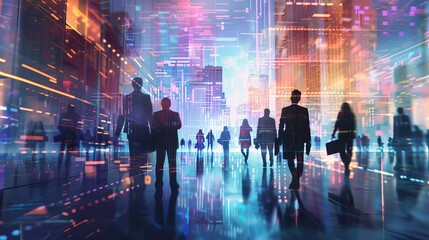 Fototapeta premium Motion-blurred silhouettes of business professionals in a dimly lit control room, surrounded by glowing digital screens