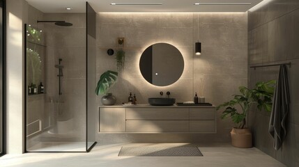 Minimalist bathroom with sleek black fixtures, a floating vanity, and a frameless glass shower enclosure
