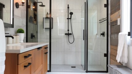 Minimalist bathroom featuring a walk-in shower with glass doors, sleek vanity, and matte black fixtures
