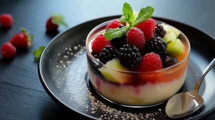 Japanese anmitsu dessert with agar jelly, fruits, and red bean paste, served with black sugar syrup
