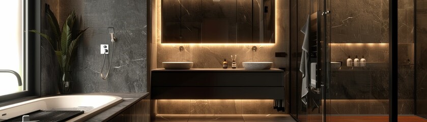 Fototapeta premium High-tech bathroom with a digital shower system, a smart mirror, and heated towel racks