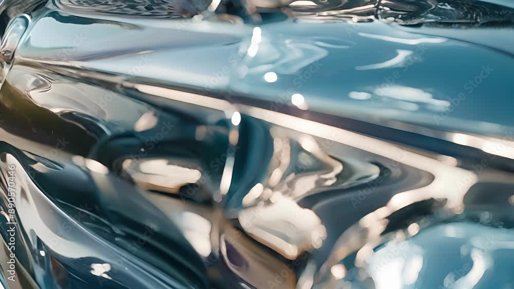 Poster a closeup of a chrome vinyl wrap on a car mimicking the look of a mirror and reflecting the surround