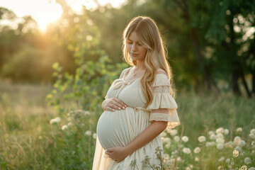Fototapeta premium Beautiful Happy young aged pregnant woman calm expectant mother holding hands on her stomach