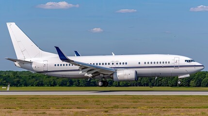 Fototapeta premium A large commercial airplane takes off from a paved airport runway, surrounded by green grass and a view of distant mountains