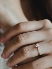 Close up on a wedding ring with a diamond on a woman's hand. Marrying and vows concept motif