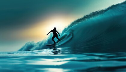 Surfer catching a wave selective focus dynamic Silhouette ocean waves