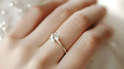 Close up on a wedding ring with a diamond on a woman's hand. Marrying and vows concept motif
