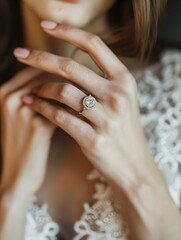 Close up on a wedding ring with a diamond on a woman's hand. Marrying and vows concept motif