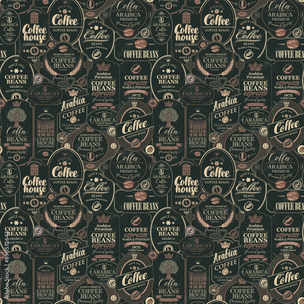 Poster vector seamless pattern on coffee and coffee house theme with various labels in retro style. can be 