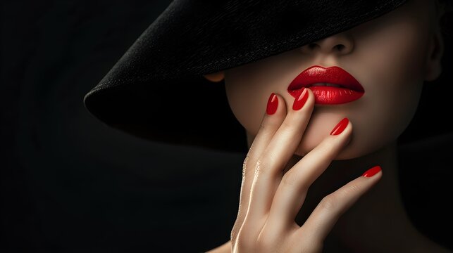 Close-up of a glamorous woman with red lips and nails, wearing a black hat, set against a dark background. The image exudes elegance and sophistication