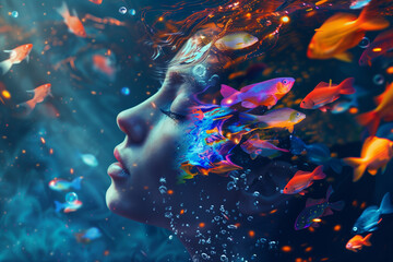 Graceful Woman Surrounded by Colorful Fish in Underwater Fantasy