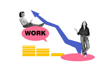 Creative picture collage young woman remote worker job laptop employment boss stocks career...