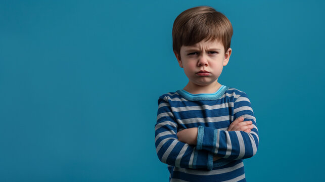 Mad male kid, angry little boy standing with his arms crossed, and looking at the camera with upset face expression. Unhappy toddler, studio shot, annoyed and frustrated child emotion