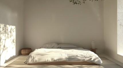 Cozy minimalist bedroom featuring a low bed and a single bedside table.