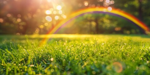 Naklejka premium A lush green grass field under sunlight with a bright, colorful rainbow in the background, creating a serene and hopeful scene.