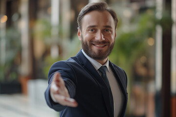 Obraz premium Attractive businessman in formal suit extending hand for handshake, greeting offering welcoming concept.