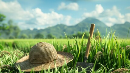 Farmer's hat and tools in a lush green rice field, ready for work.