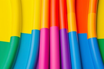 Vibrant rainbow colored tubes arranged on a colorful background, highlighting a spectrum of vivid hues and shades.