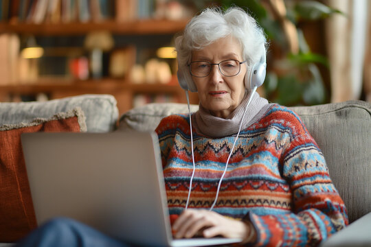 Senior old lady woman wearing headphone surfing the internet by using laptop, relax sitting on the sofa, old people with technology concept.