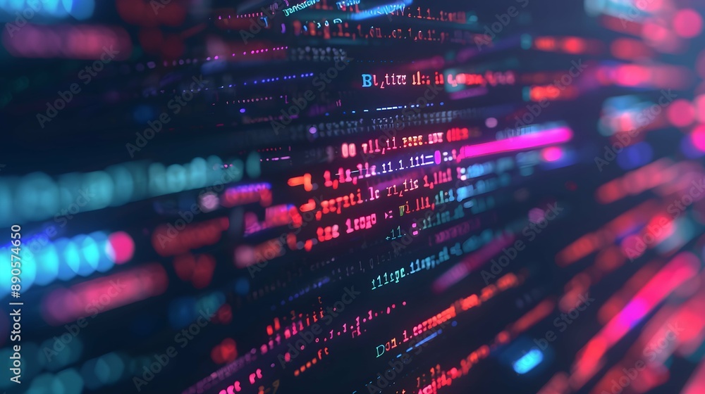 Wall mural close-up of colorful computer code on a screen, digital, against a dark background, concept of progr