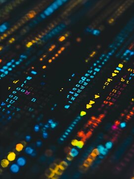 Close-up of colorful computer code on a screen, digital, against a dark background, concept of programming.