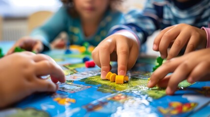 Obraz premium Close-up of hands of a kids playing a board game