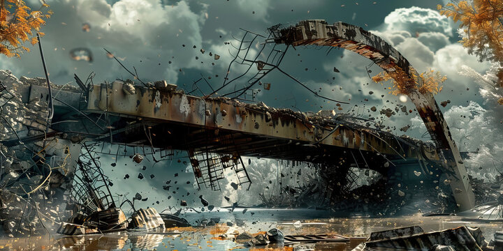 Broken bridge a bridge destroyed in the crossfire of war.