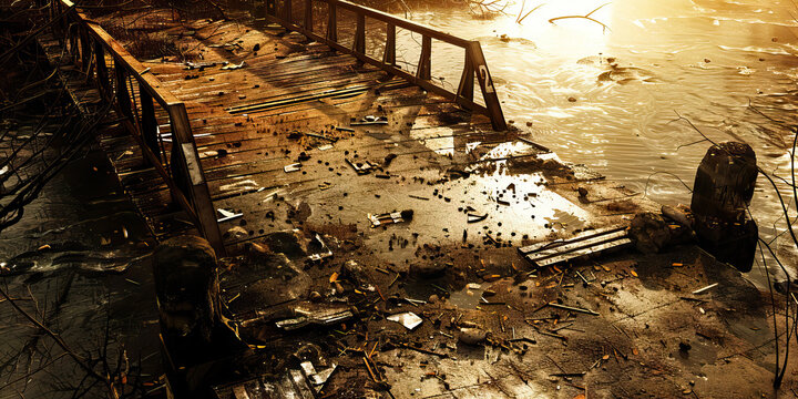 Broken bridge a bridge destroyed in the crossfire of war.