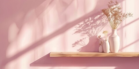 Wooden shelf with empty space in pink loft style interior decorated with vases and dry flowers, mockup