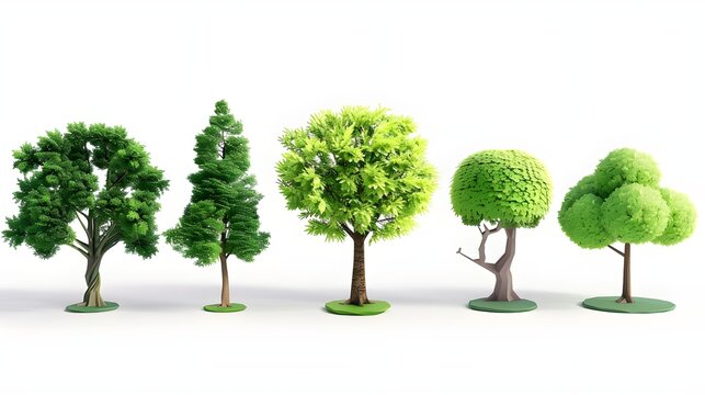 Collection of 3d cartoon clipart green trees isolated on white background
