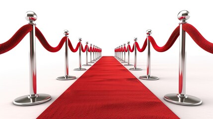 A red carpet leads to a white background, lined by silver stanchions with red velvet ropes