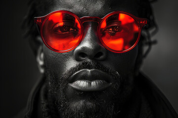 Black and white photography of a man wearing red plastic glass.generative ai
