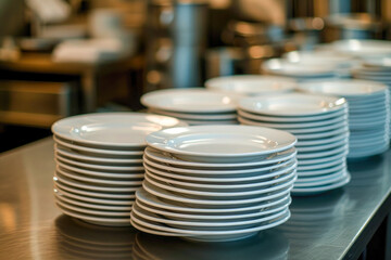 Closeup clean plates stack on a table ready for use