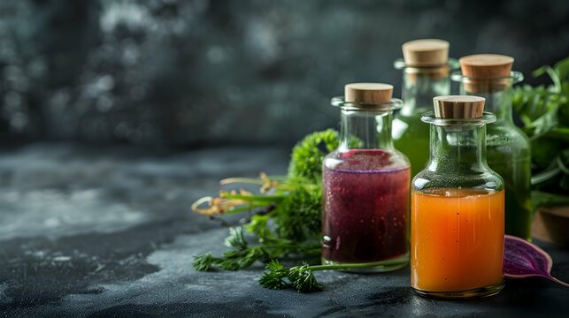 Concentrated Fruit and Vegetable Extracts in Glass Bottles with Fresh Produce 