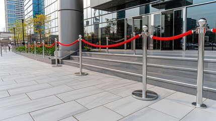 A set of concrete stairs with a red rope barrier in a modern building