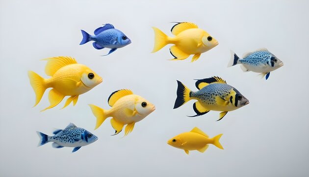 A group of colorful fish swimming together, featuring several yellow fish with large eyes, a few blue fish, and one black and yellow striped fish. The background is a simple light color