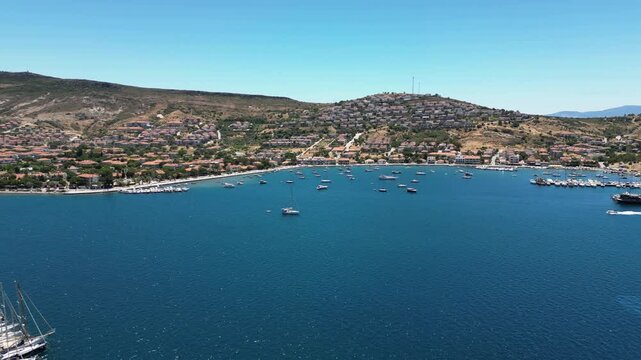 Eski Foca aerial drone view, a popular resort on the Aegean coast in Izmir, Turkey