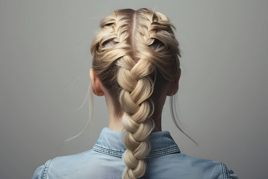 Back view of french braid plaited hairstyle of blond woman