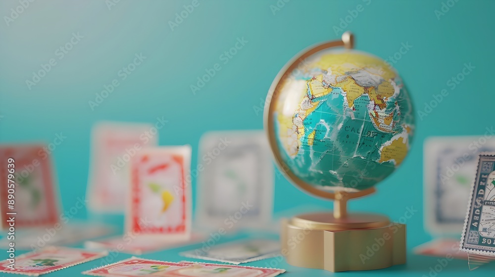 Poster minimalistic 3d render of globe with travel stamps exploring the world