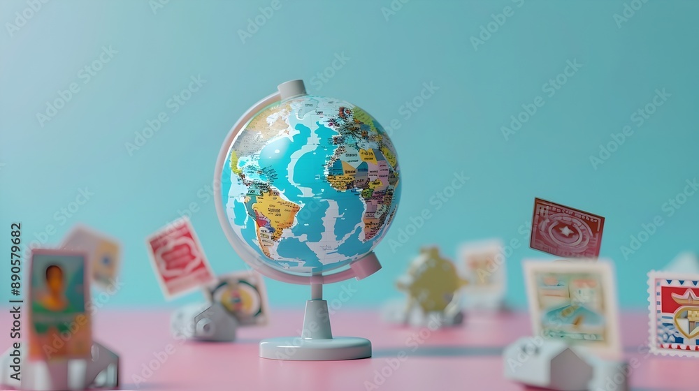 Poster 3d rendered mini globe with travel stamps on clean background exploring the world in minimal style