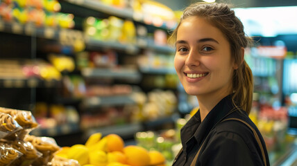 Fröhliche junge macht Ausbildung zur Einzelhandelskauffrau im Supermarkt
