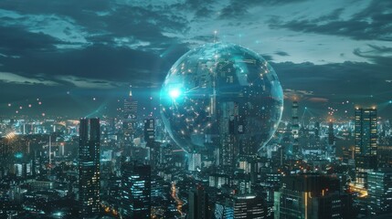 Naklejka premium smart city connected with mobile internet. AI controls city infrastructure, data traffic, ensures security