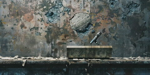 The Splintered Podium of Leadership: A podium with a cracked speech bubble, toppled over, and a discarded microphone